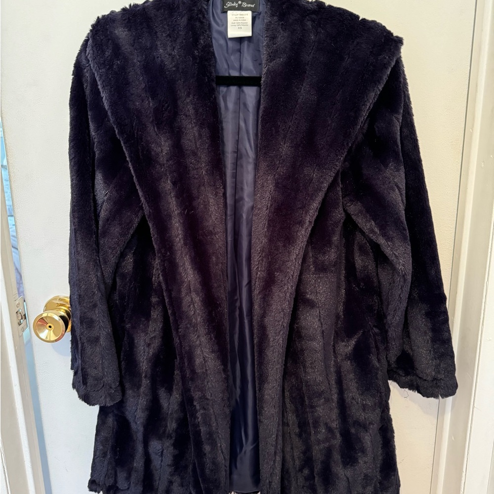 Slinky Brand NAVY BLUE shawl collar, luxury faux fur swing coat. NWOT. XS